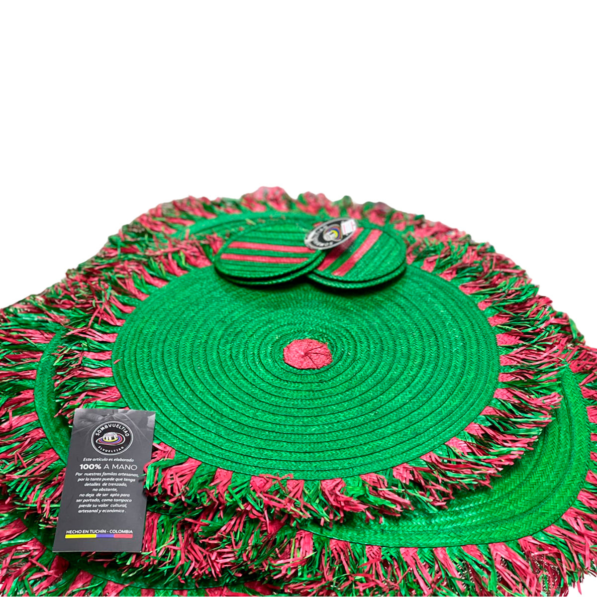 Individual Artesanal Verde con Flecos x6 con Portavasos