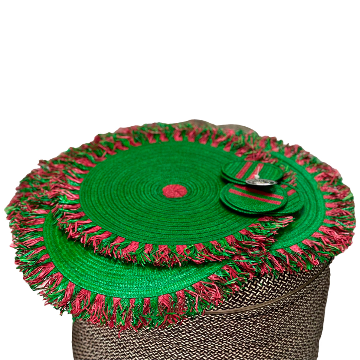 Individual Artesanal Verde con Flecos x6 con Portavasos