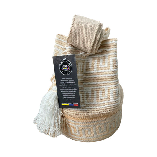 Mochila Wayuu Exclusiva Beige Diseño Cruda