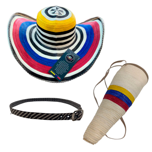 Sombrero 23 Fibras Diseño Colombiano con Franjas + Estuche + Correa