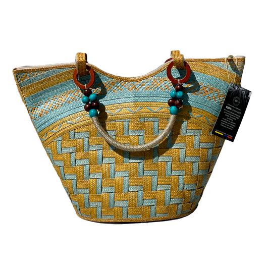 Bolso Caña Flecha Dorado Diseño Azul a Mano