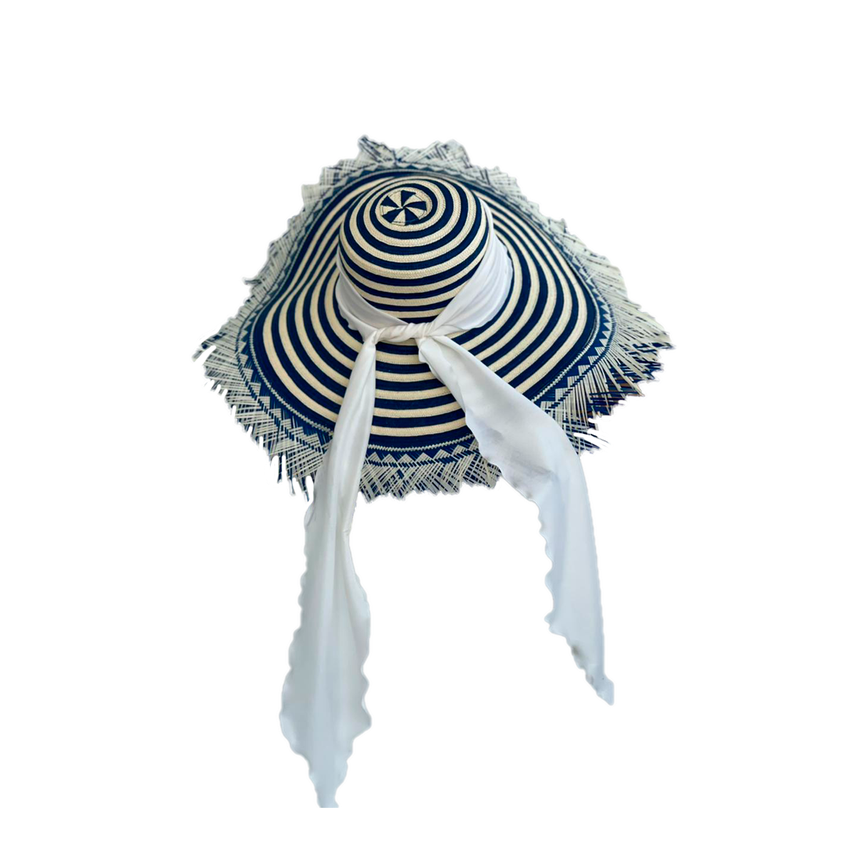 Pava Artesanal Exclusiva Diseño Azul Franjas Flecos