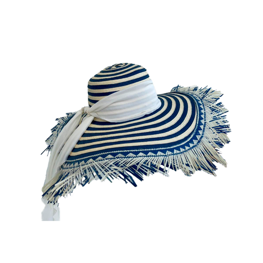 Pava Artesanal Exclusiva Diseño Azul Franjas Flecos MY