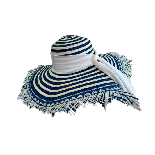 Pava Artesanal Exclusiva Diseño Azul Franjas Flecos MY