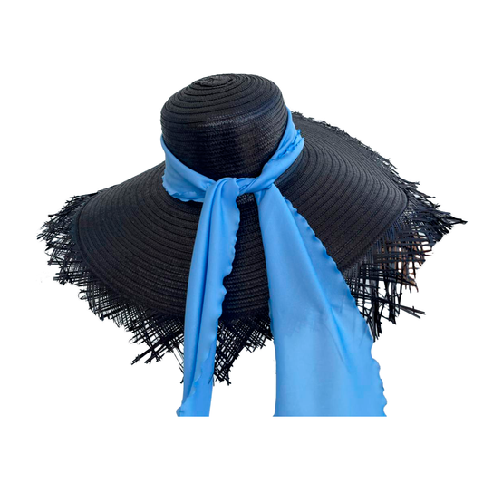 Pava Negra Artesanal Con Flecos Cinta Azul