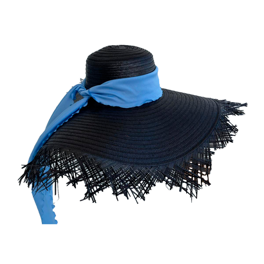 Pava Negra Artesanal Con Flecos Cinta Azul